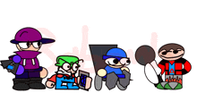 a group of four cartoon characters are standing next to each other