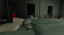 a computer generated image of a person laying on a bed in a room
