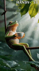a frog is sitting on a branch holding a cup of coffee and the number 53 is above it