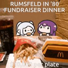 a rumsfeld in '80 fundraiser dinner with french fries and a mcdonald 's burger