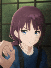 a girl with purple hair and blue eyes is being held by a person