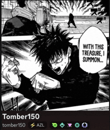 a black and white image of a man with the words " with this treasure i summon " on it