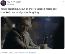 a tweet from paul jr. pr liaison shows a man in a suit laughing