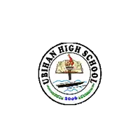 the logo for ubihan high school has a torch and a book
