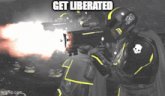 a video game character is holding a gun with the words get liberated below him