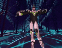 a computer generated image of a robot in a dark room .