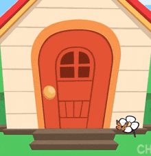 a cartoon drawing of a house with a red door and steps