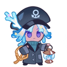 a cartoon girl with blue hair is wearing a hat and holding a lantern .