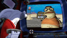 a shark is watching a cartoon on a tv screen