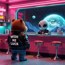 a teddy bear with a wish me luck jacket on