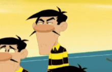 a cartoon character with a big nose and mustache is standing next to another character .
