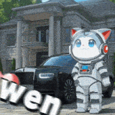 a cat in a space suit stands in front of a rolls royce car
