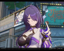 a girl with purple hair is standing in front of a sign that says ' truth & justice ' on it