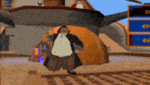 a cartoon character is standing in front of a building with a sign that says ' oh '
