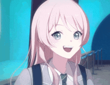 a girl with pink hair and blue eyes stands in front of a blue wall