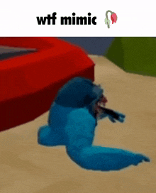a blue among us character is laying on the ground with the words wtf mimic above it