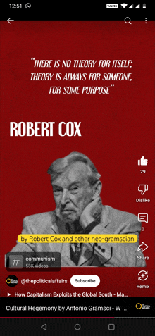 an advertisement for robert cox says there is no theory for itself " theory is always for someone for some purpose "