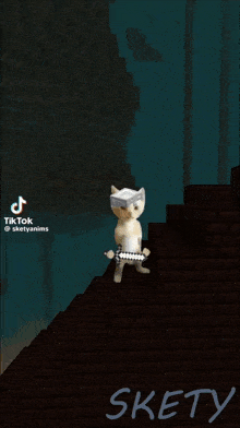 a cat is holding a sword in front of a brick wall with the word skety below it