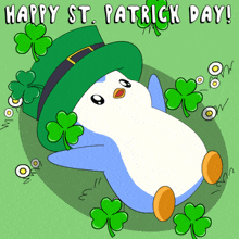 a penguin wearing a leprechaun hat is laying on the ground with clovers