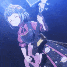 a girl with blue hair is playing a guitar