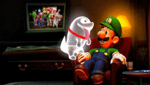a video game character named luigi is sitting in a chair with a ghost behind him