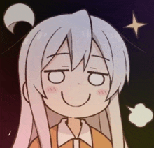 a cartoon girl with long white hair is smiling with a star behind her .