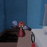 a cartoon character wearing a red jacket and blue gloves is standing on a table