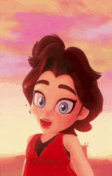 a girl with red hair and blue eyes is wearing a red tank top