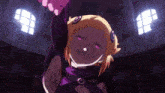 a girl with blonde hair and purple eyes is holding a purple object in her hand