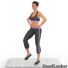 a 3d model of a woman standing on a mat with goodlooker written on the bottom