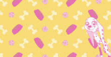 a dalmatian dog is surrounded by pink dog bowls and bones on a yellow background