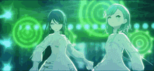 two anime girls are standing next to each other and holding hands .