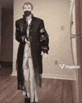 a man in a suit and tie is standing in front of a refrigerator with a viggle.ai logo on the bottom