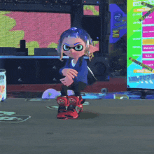 a cartoon character in a blue jacket and red boots is standing on the floor