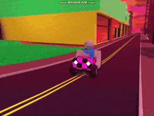 a cartoon character is driving a pink car down a street with the words www.bandicam.com at the top