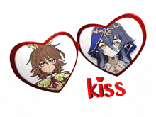 a couple of hearts with the word kiss on them