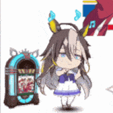 a little girl is standing next to a jukebox .