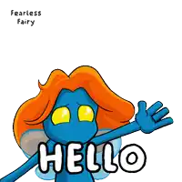 a blue fairy with orange hair is waving her hand and says hello