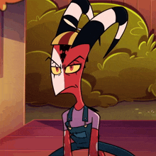a cartoon character with horns wearing overalls and a hat
