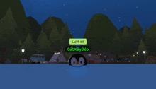 a cartoon penguin is swimming in a lake with a sign that says luat su cutxaydeo
