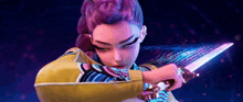 a woman with purple hair is holding a sword in her hands .