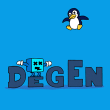 a penguin stands on top of the word degen with a robot standing below it