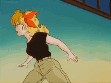 a cartoon girl with blonde hair and a red bow in her hair is running away from something .