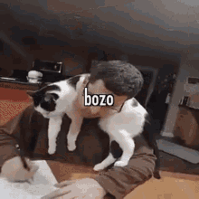 a man is sitting at a table with a cat on his shoulder .