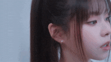 a close up of a woman 's face with a ponytail .