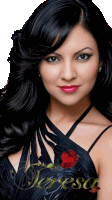 a woman with long black hair is wearing a black dress with the word teresa on it