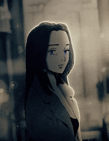 a black and white drawing of a woman with long hair