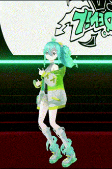 a girl with green hair is dancing in front of a sign that says ' the ' on it