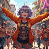 a girl with purple hair is wearing a t-shirt that says dracula on it