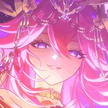 a girl with pink hair and purple eyes is wearing a crown